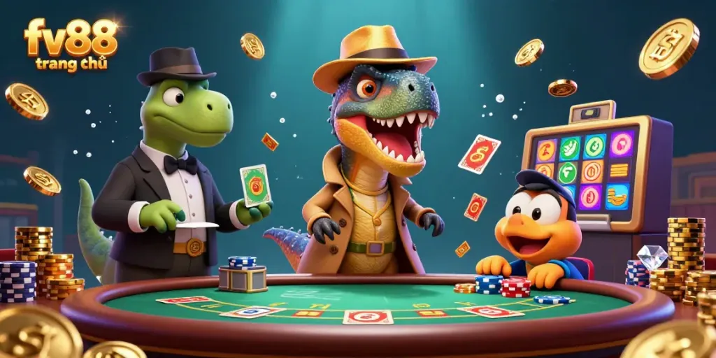 Experience the fun at fv88 trang chủ with a velociraptor at a blackjack table, surrounded by treasure.