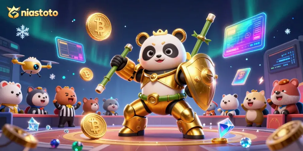 Engage in thrilling gameplay with niastoto as a golden panda in mech-suit battles in a vibrant casino arena.