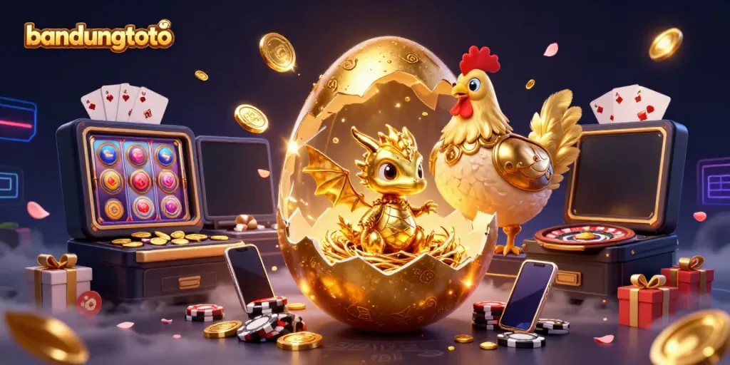 Experience the excitement of bandungtoto with a golden dragon guarding poker chips and slot games.