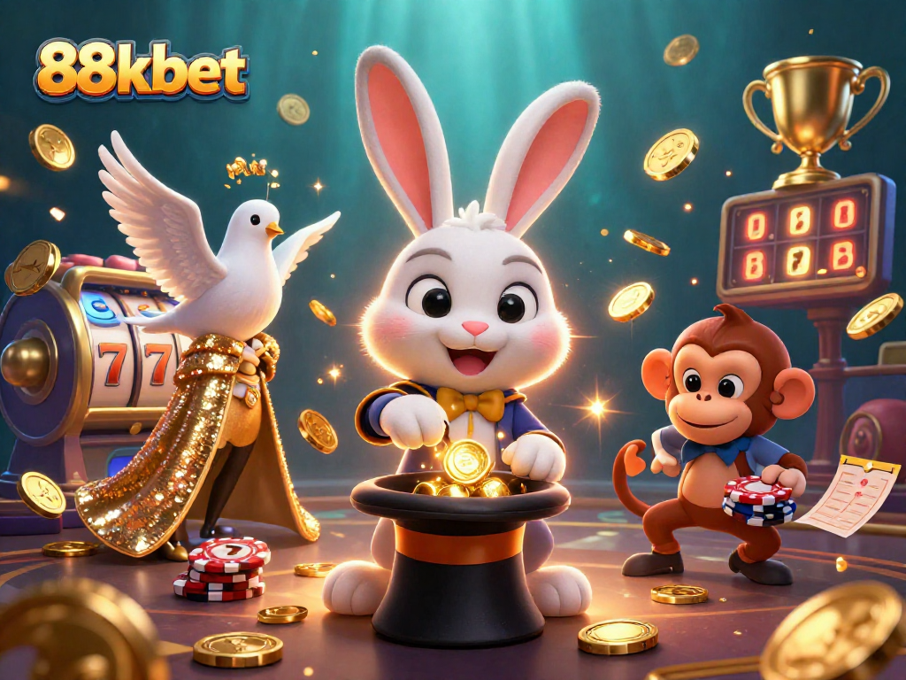 Engage in thrilling moments with 88kbet as a magician rabbit pulls coins, enveloped in casino action.