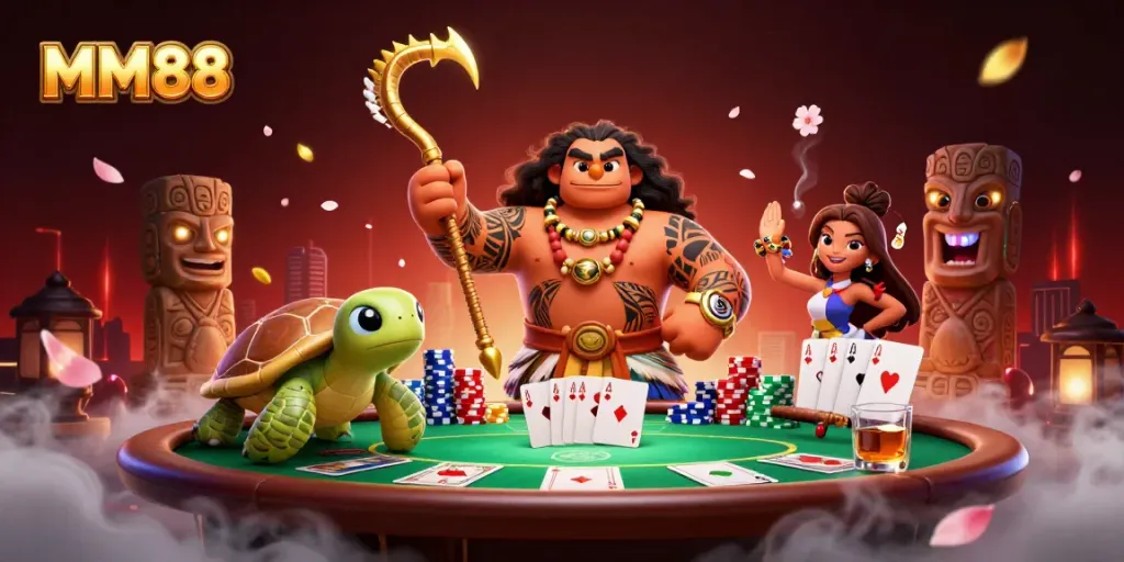 Engage in online poker action with MM88, featuring a dynamic scene with vibrant game elements and characters.