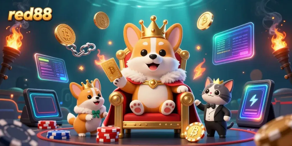 Play exciting games at red88 with the charming royal corgi, poker chips, and crypto elements.