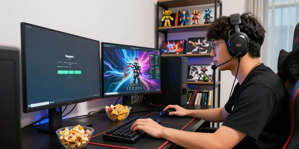 Engaged gamer using Singatoto login on a vibrant gaming setup