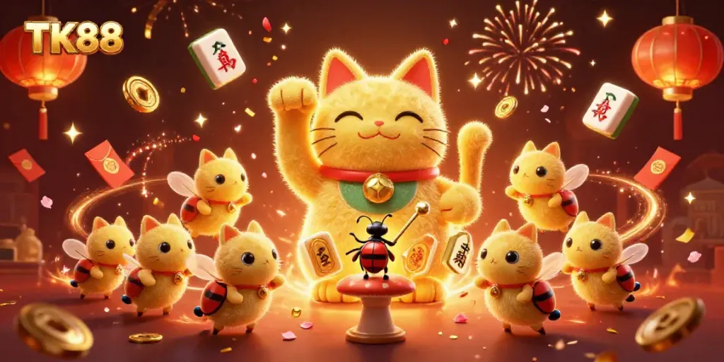 Experience the excitement of TK88 Casino with a vibrant lucky cat made of fireflies amidst festive casino symbols.