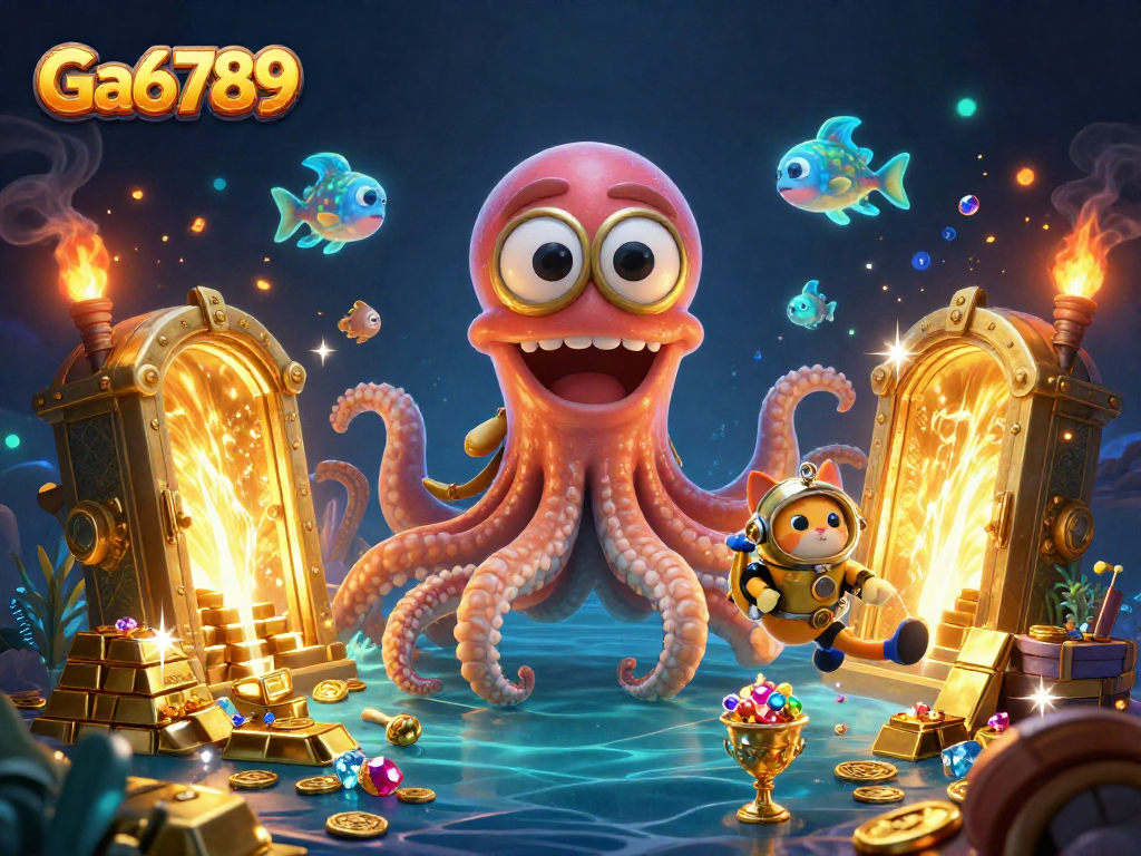 Ga6789 showcases an adventurous scene with a kraken, diving cat, and treasures galore.