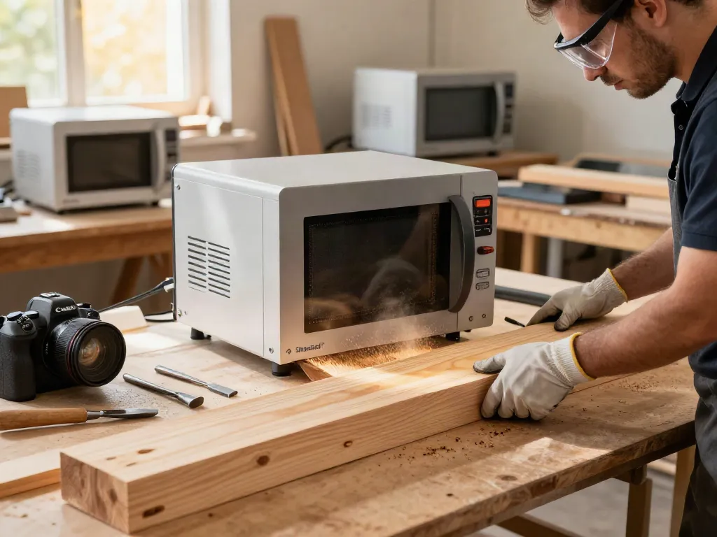 SHASHEL® microwave device in action for woodworm elimination in a clean workshop setting.