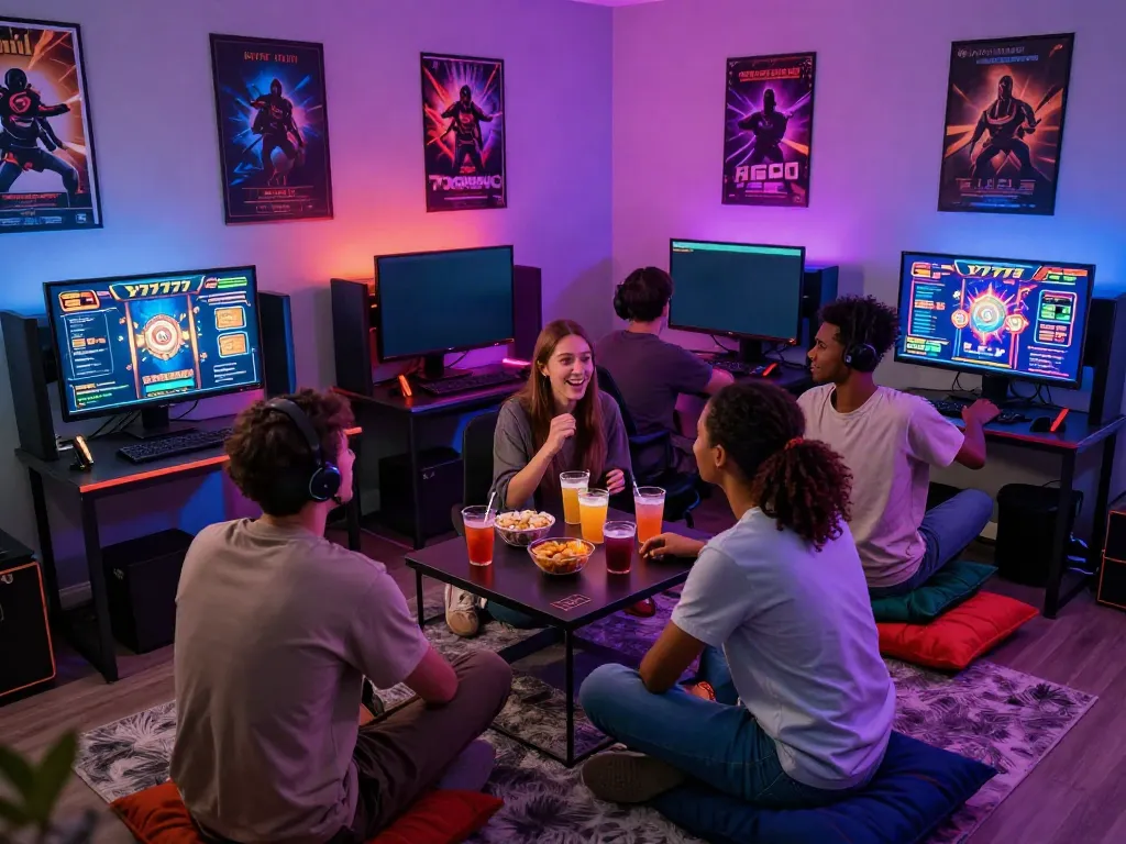 Kelompok teman bersenang-senang bermain game slot777 dengan suasana ceria dan LED berwarna.