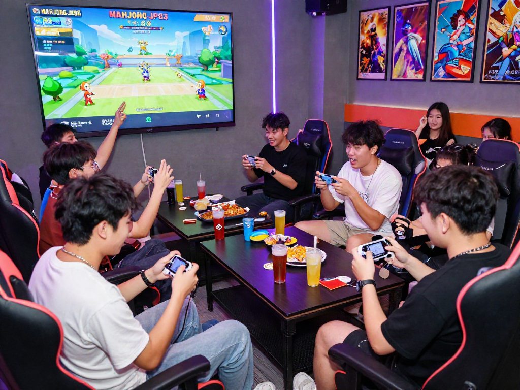 Players enjoying MAHJONGJP88 Official in a vibrant gaming lounge, showcasing excitement and community.