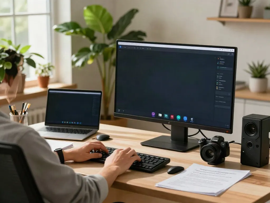 Deepfake protected Online Video Calls: Individual engaged in secure video call in a modern home office.