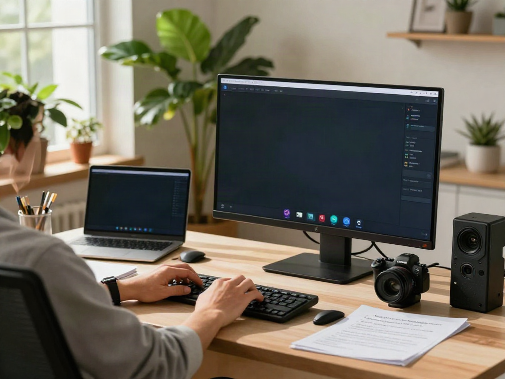 Deepfake protected Online Video Calls: Individual engaged in secure video call in a modern home office.