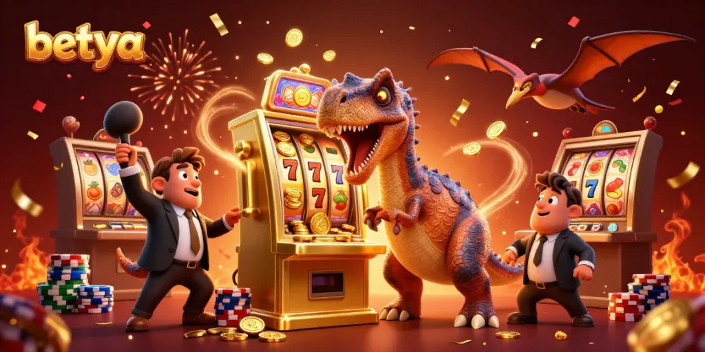 Betya showcases a vibrant casino scene with a dinosaur headbutting a slot machine for jackpot coins.