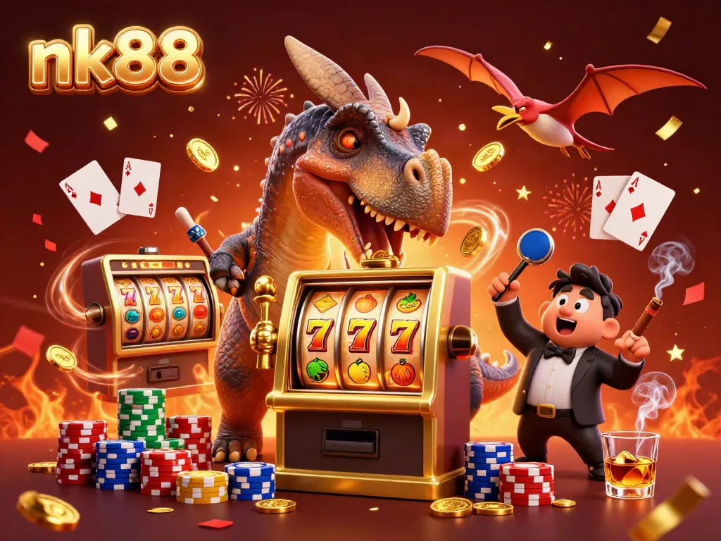 nk88 depicts a lively casino scene with a pachycephalosaurus and a golden slot machine jackpot