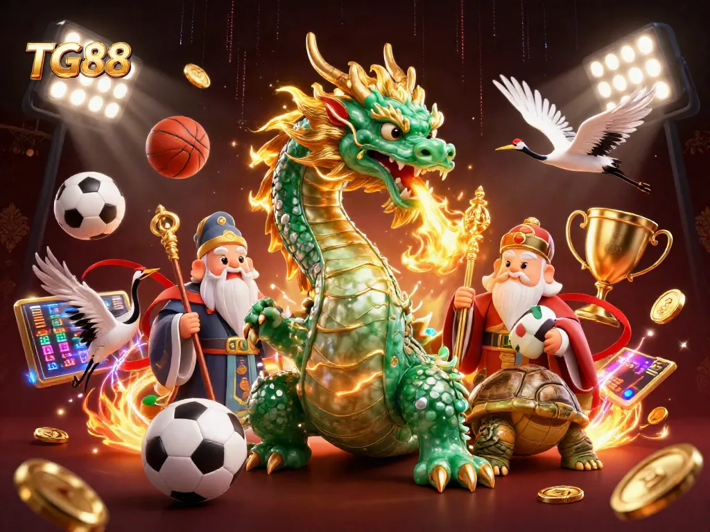Engage with the dynamic scene featuring TG88, showcasing a jade dragon, cartoon sage, and lucky cranes in a vibrant casino atmosphere.