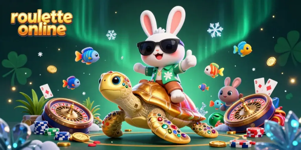 Engage in thrilling roullete online with an animated lucky rabbit atop a golden turtle, surrounded by casino elements.