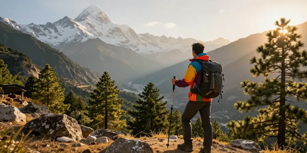 Trek to Manaslu Circuit: Adventurous traveler at breathtaking mountain viewpoint