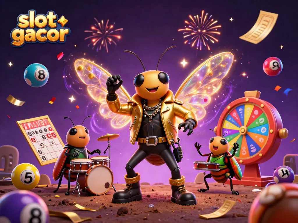 Experience the thrill of slot gacor with an energetic scene featuring a cicada rock star surrounded by gambling elements.