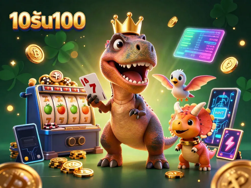 เกม 10รับ100 ที่มี T-Rex ยักษ์เล่นการ์ดและเพื่อนที่ช่วยกันเดิมพันคาสิโน