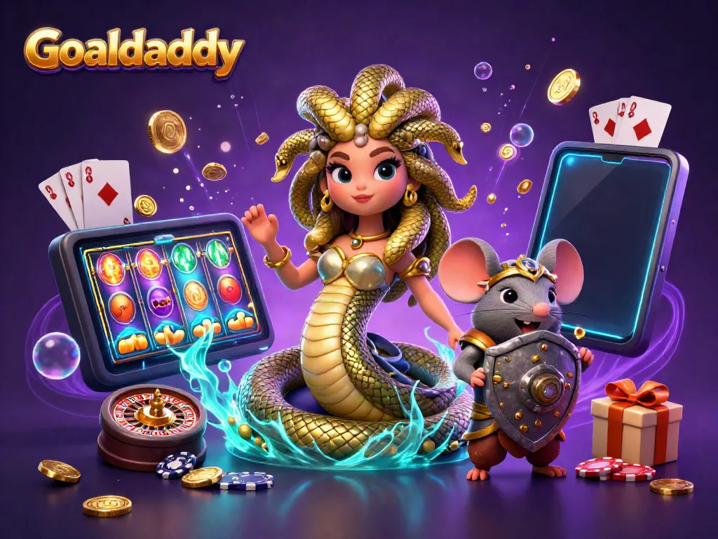 Experience thrilling action with Goaldaddy, featuring Medusa and a warrior amidst a vibrant casino scene.