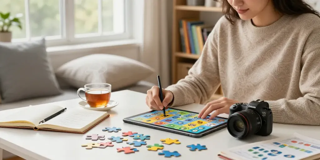 Brain training with puzzles and games at brainslot.net in a cozy study.