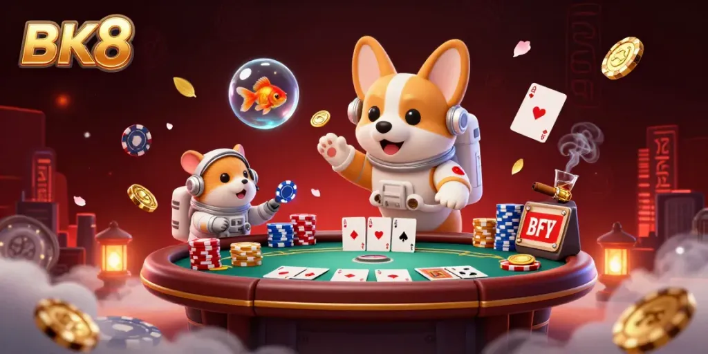 BK8 space casino scene with floating corgi and hamster, showcasing poker dynamics.