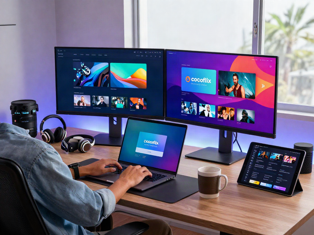 Cocoflix apk download workspace with laptop and vibrant streaming interface.