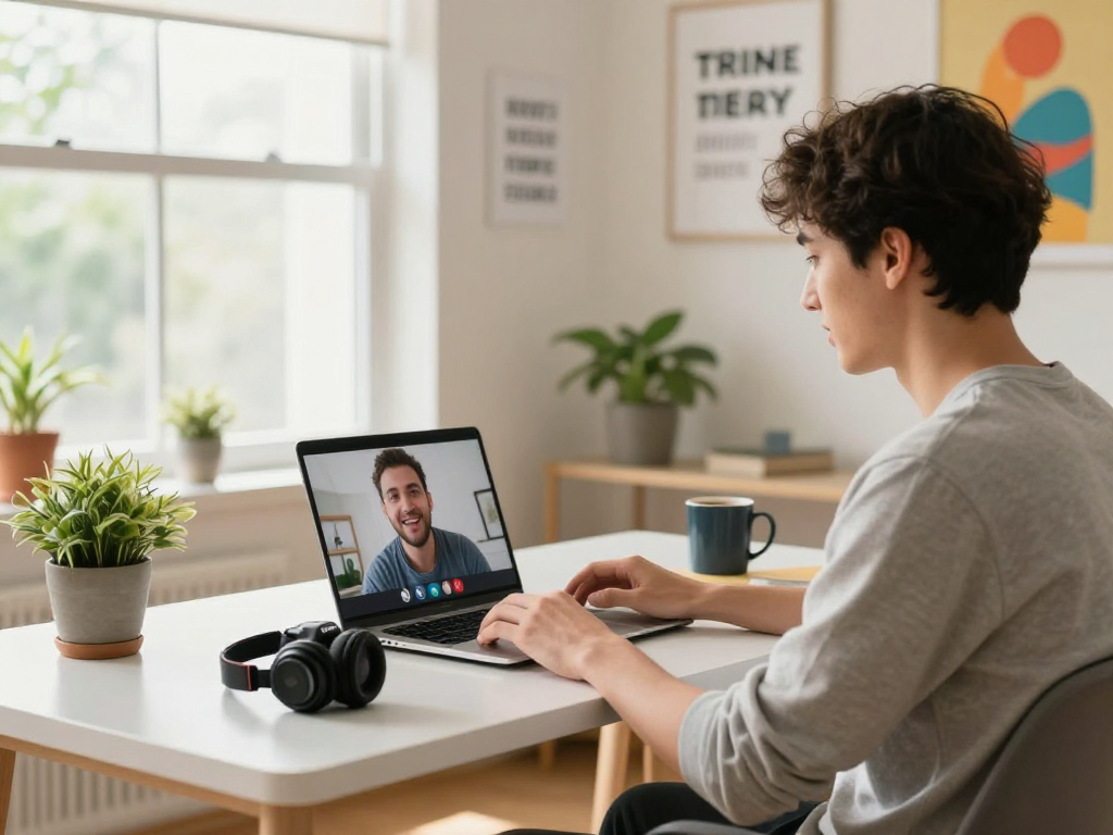 Engaging random chat scene in a cozy home office with a person on a video call