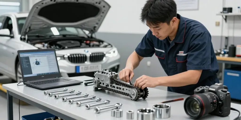 Expert mechanic performing bmw steuerkette wechseln in a professional workshop environment.