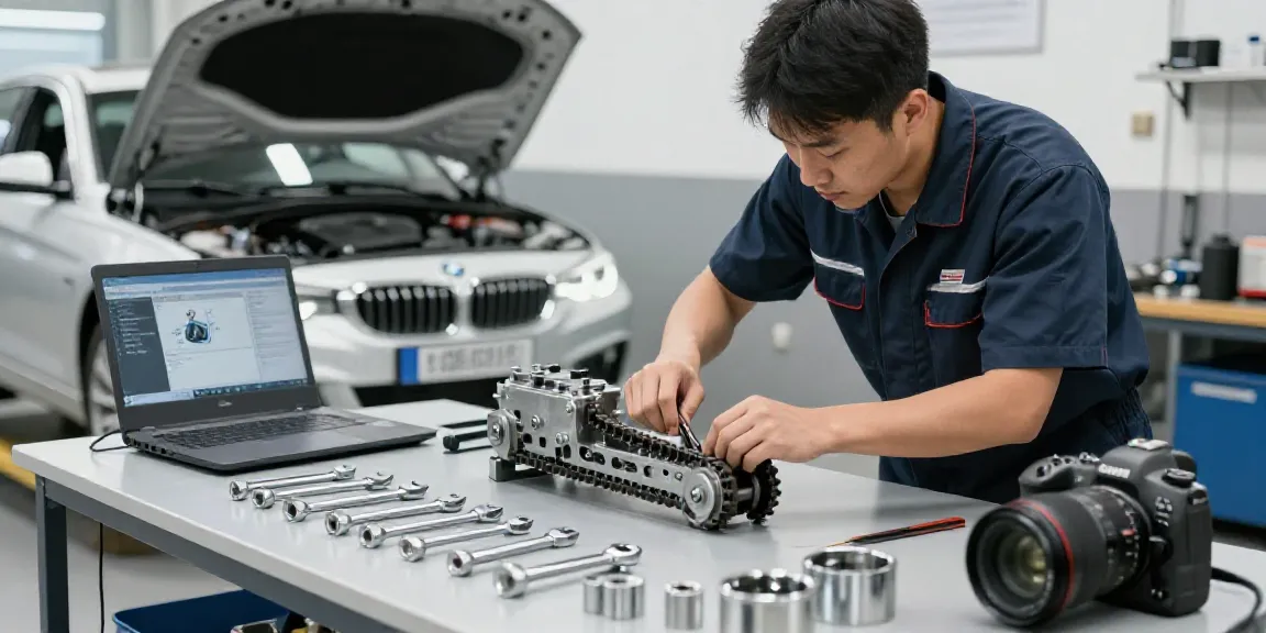 Expert mechanic performing bmw steuerkette wechseln in a professional workshop environment.