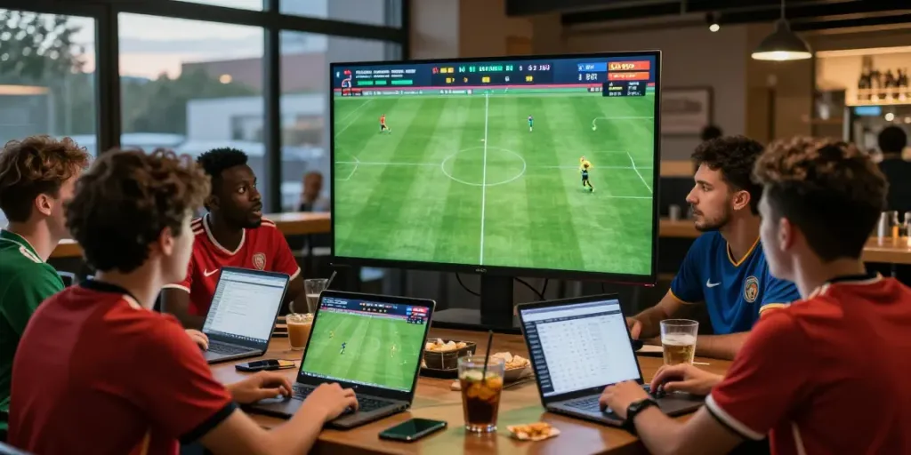 Fans engaging in soccer predictions and live stats updates at tebakskor889.org.
