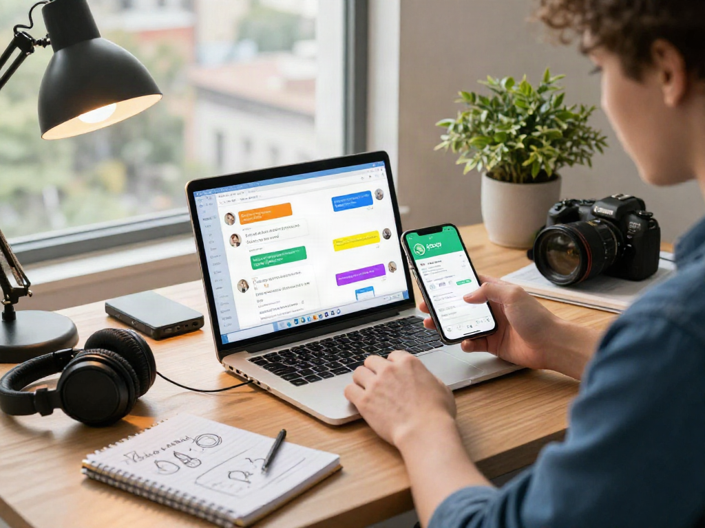 Engaging workspace using gb whatsapp for communication, busy desk with tech gadgets and bright city view.