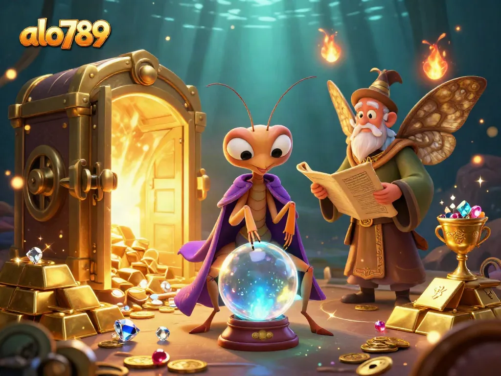 Experience exciting gaming adventures with alo789 in a vibrant illustrated scene filled with treasures and mystical characters.