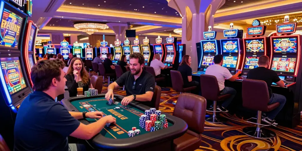 Exciting Vegas88 casino scene with diverse players at slot machines, vibrant neon lights.