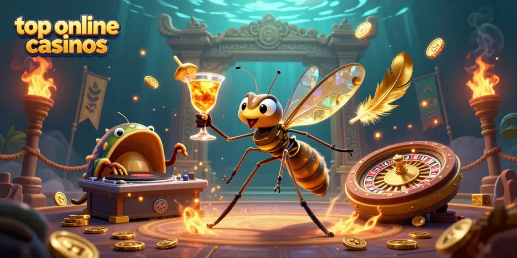 Experience the excitement of top online casinos with a lively casino mascot and a trilobite DJ.