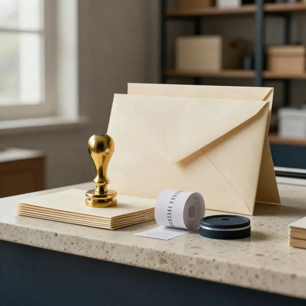 Brass date stamp, stacked envelopes, receipt roll, and payment puck on pale stone.