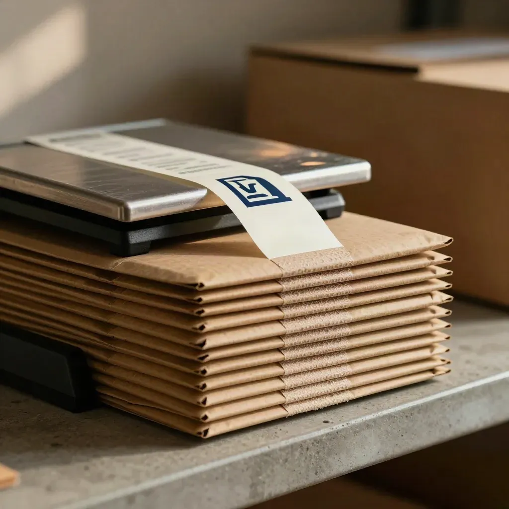 Mailers, parcel scale and blank label roll in warm warehouse haze