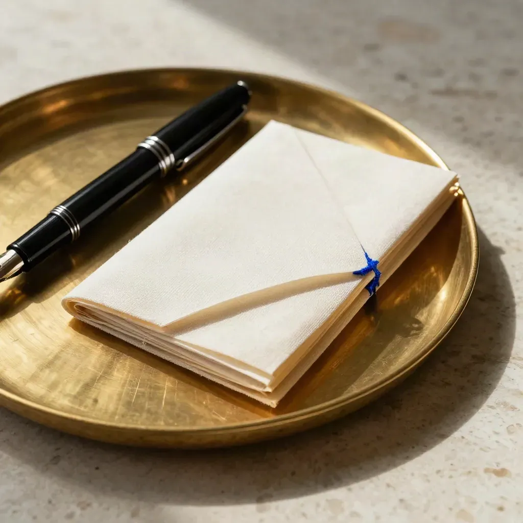 Brass tray, fountain pen and invoice sleeve on travertine in soft macro light.