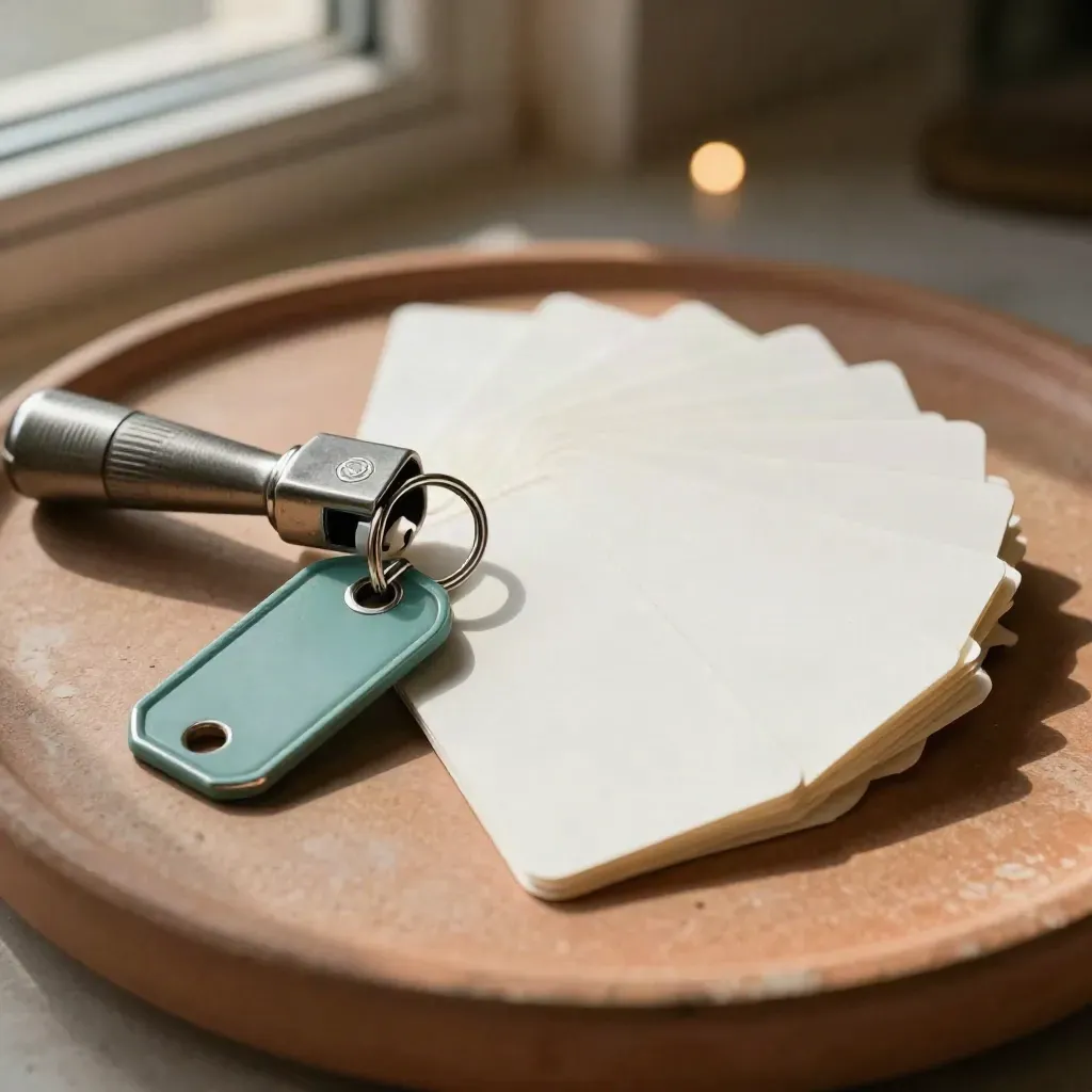 Membership key ring, handheld embosser, and blank renewal cards on a terracotta surface in soft light.