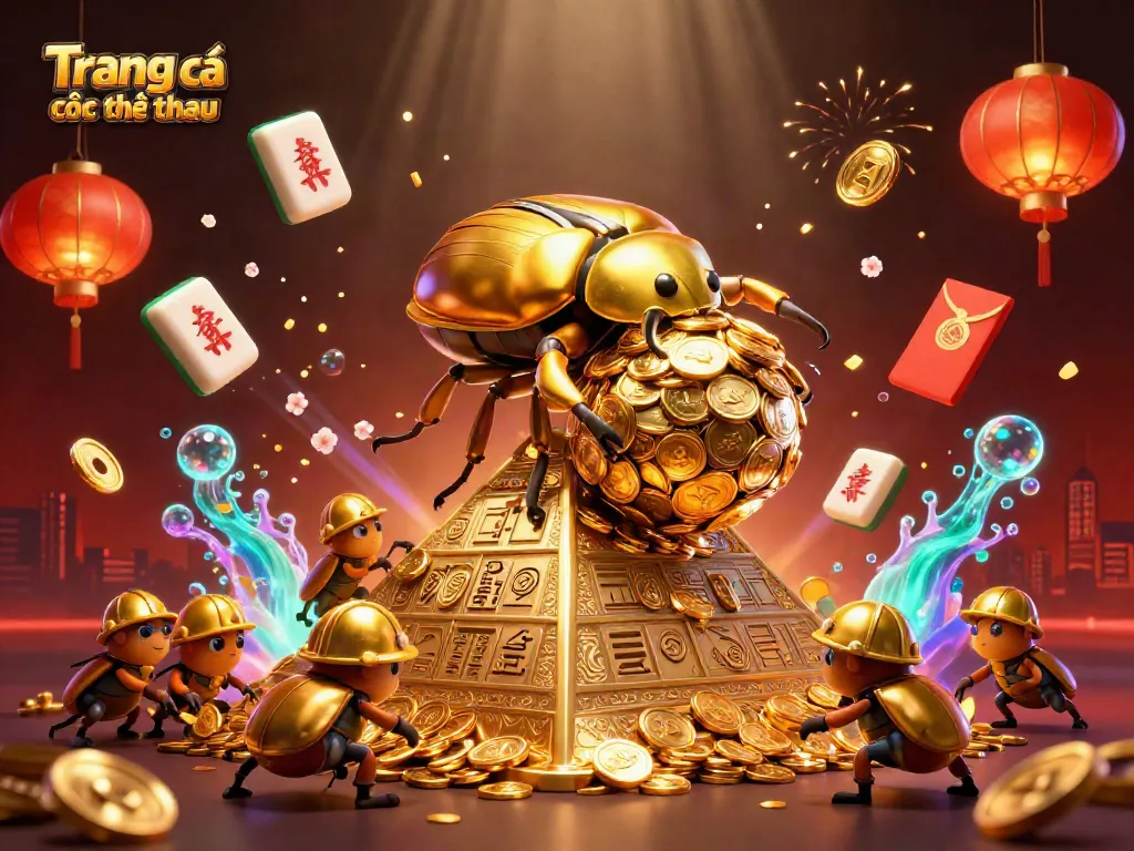 Engage in Trang cá cược thể thao with golden beetles and vibrant gaming elements in a rich 3D scene.