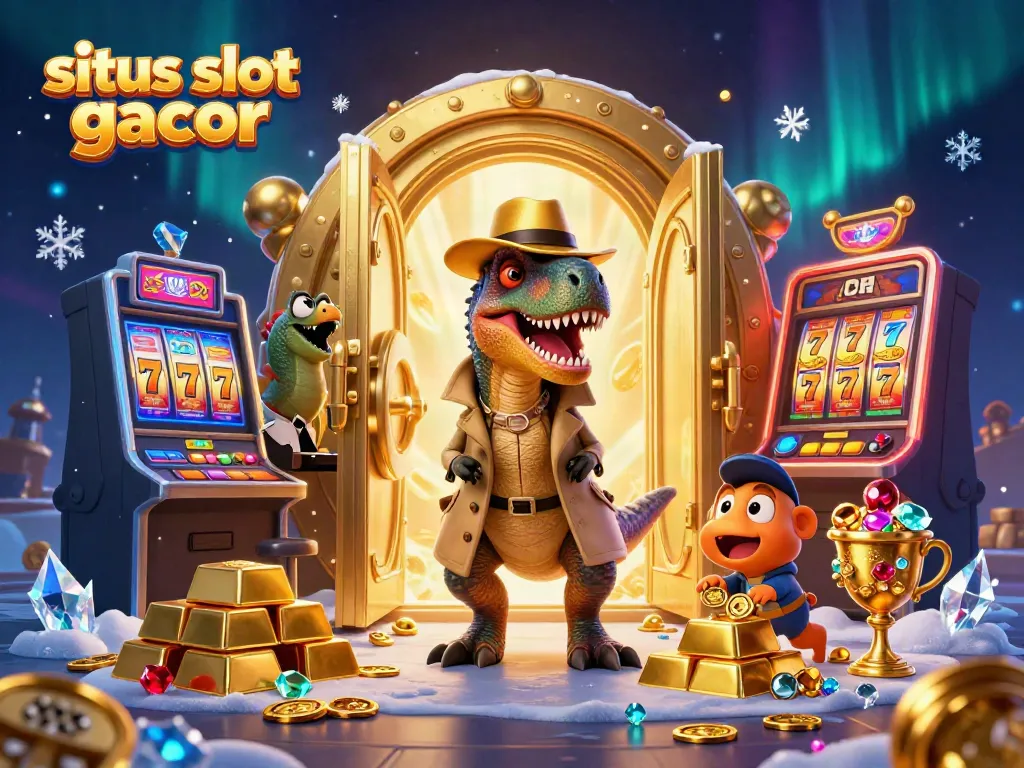 Witness the excitement of situs slot gacor with a velociraptor at a slot machine, surrounded by treasures.