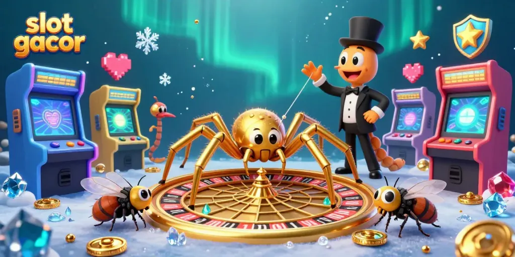 Engage with slot gacor in an immersive 3D casino illustration featuring a golden spider and colorful game elements.