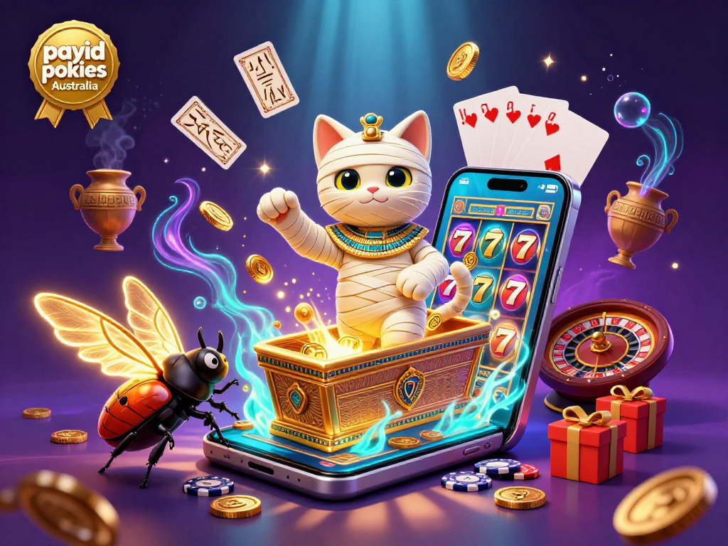 Win big with payid pokies Australia in this vibrant 3D casino illustration featuring a mummy cat.