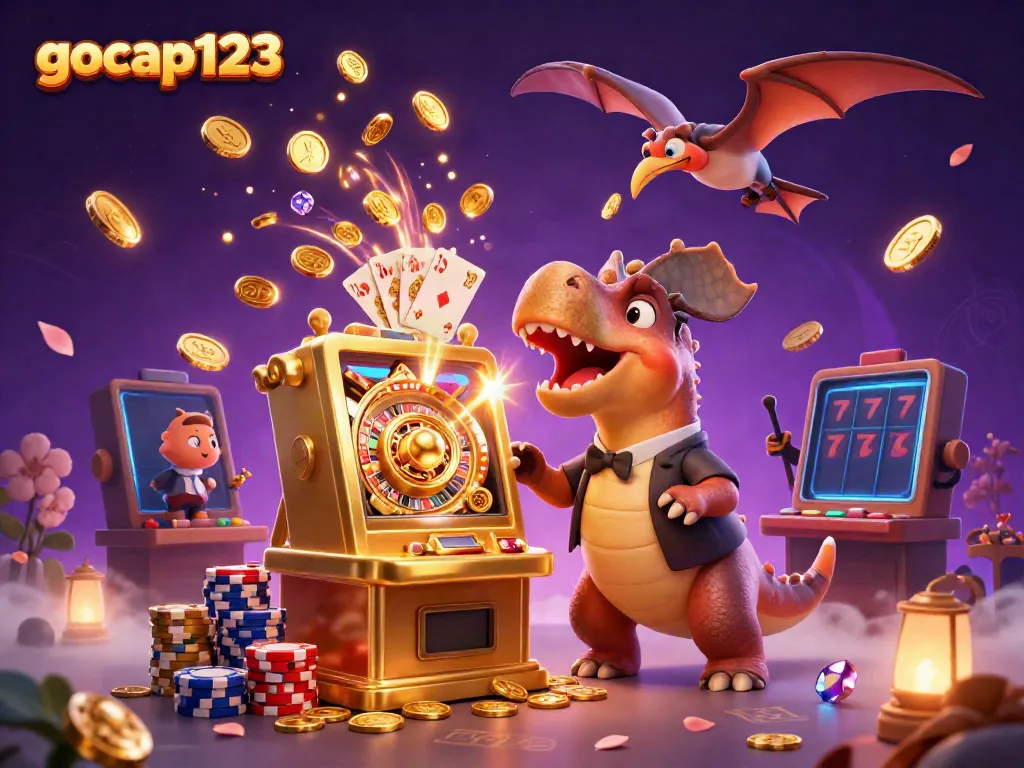 Visualisasi gocap123 dengan dinosaur, mesin slot, dan koin emas terbang di kasino.