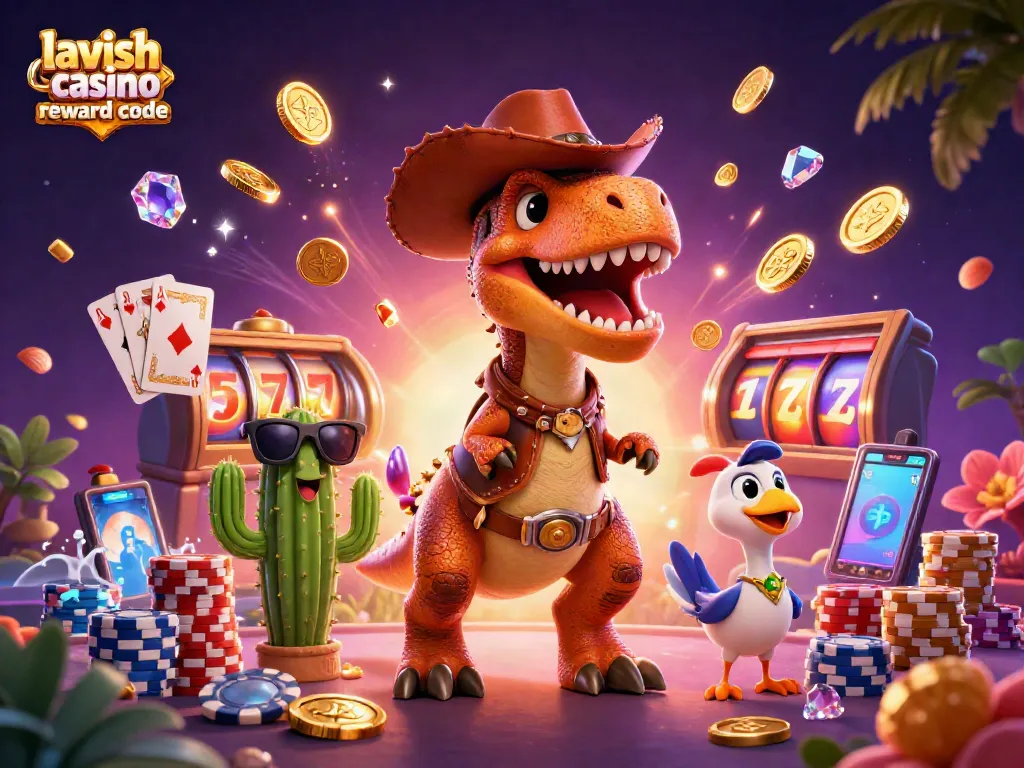 Experience thrilling gameplay with Lavish Luck Casino reward code, featuring jackpot slots and vibrant characters.