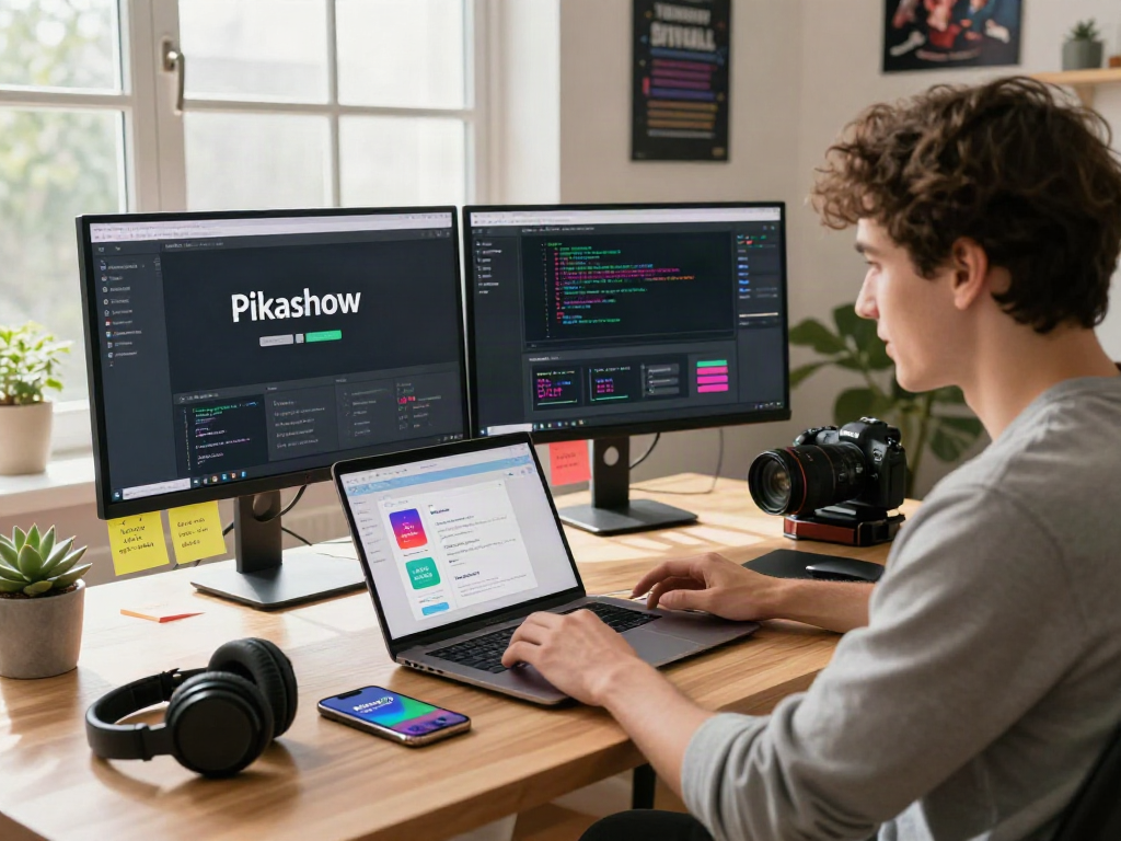 Pikashow APK download showcased in a modern workspace with tech gadgets and streaming interface.