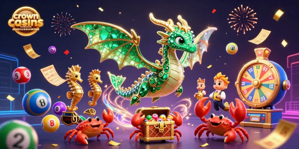 Crown coins casino promo code no deposit bonus benefits with a vibrant, festive gaming illustration