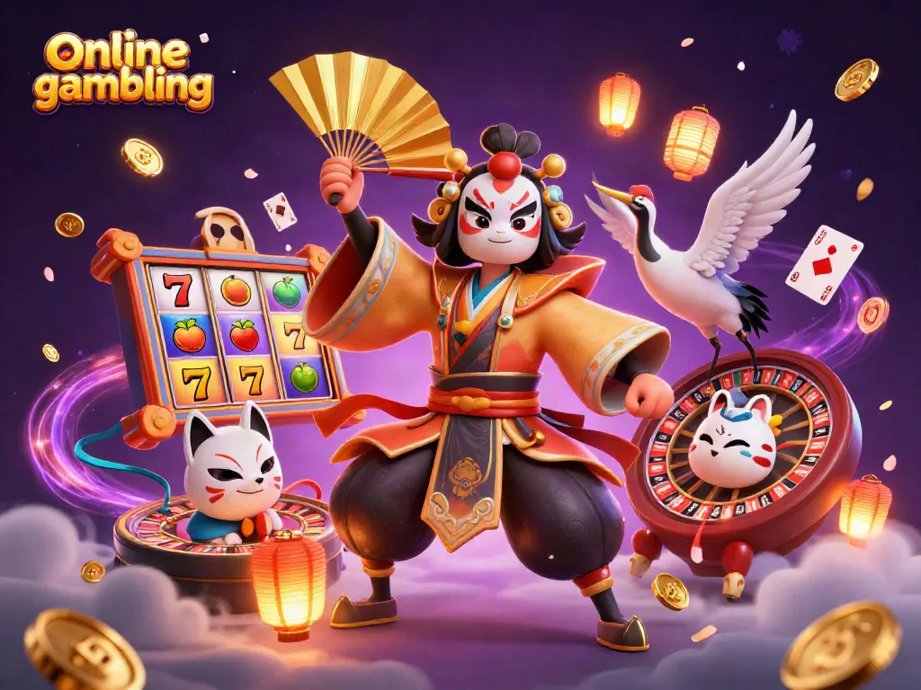 Engage in online gambling with vibrant slot reels and poker cards in a lively 3D scene.