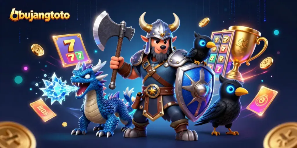 Experience the excitement of bujangtoto with a dynamic scene featuring a Viking wolf, ice-breathing dragon, and glowing raven.