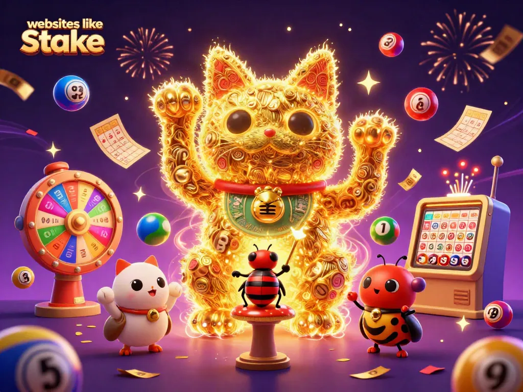 Engaging gameplay with websites like stake showcasing vibrant lottery elements and a lucky cat, creating a festive casino atmosphere.
