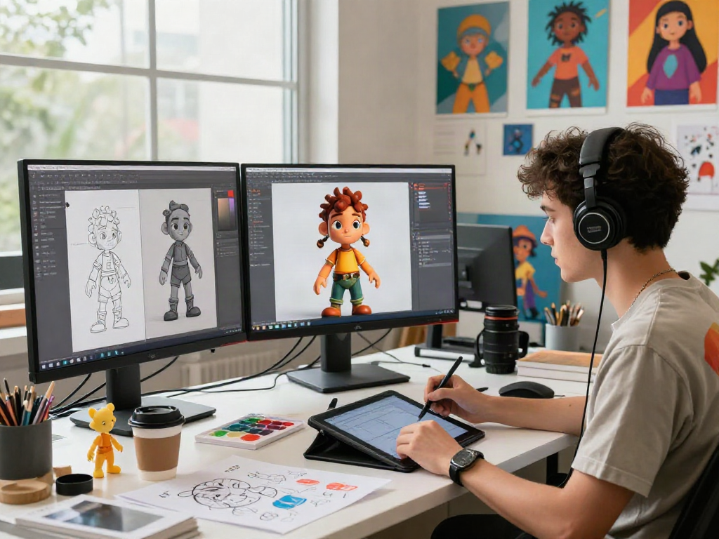 Creative artist designing character AI nsfw models in a vibrant digital studio.