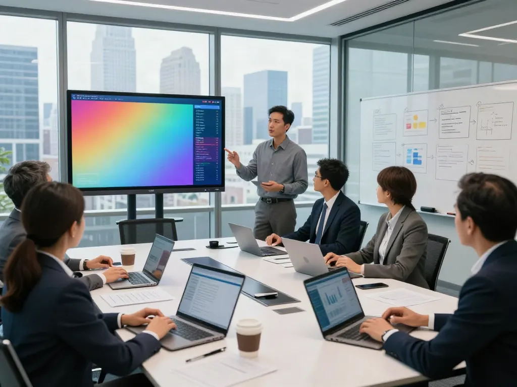 Corporate finance professionals discussing top banks in USA rankings during a meeting in a modern office.